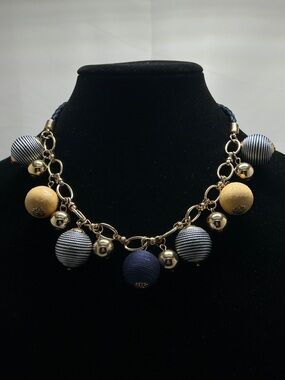 Gold, Wood And Cord Covered Dangly Beaded Necklace, Blue, White, Great Movement